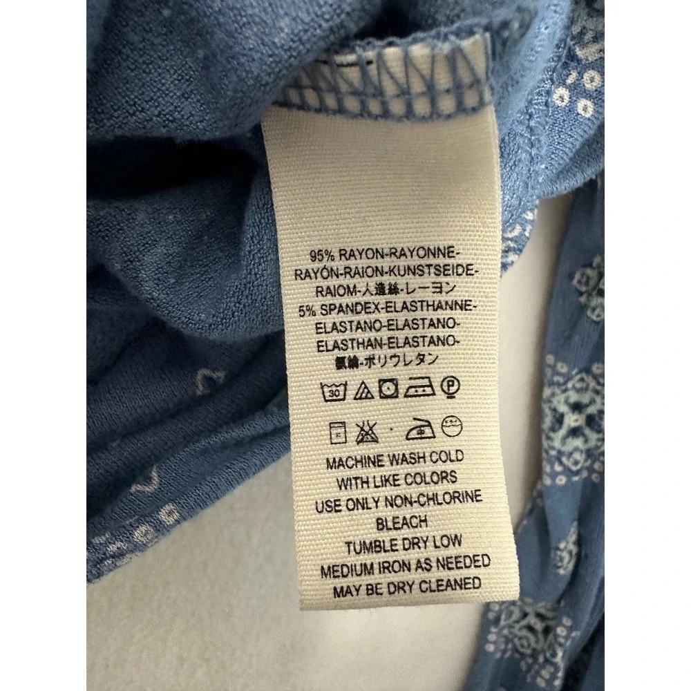 Free People Blue Medallion Print Ruched Button Front V-Neck‎ Blouse Top Womens M